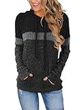 Sweaters for Women - Color Block Ribbed Knit Hoodie Pullover, Long Sleeve, Black/Gray/Darkgray Medium