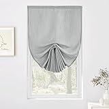 RYB HOME Short Curtains for Small Window, Flax Linen Sticky Adhesive Light Filtering Privacy Balloon Shade for Kitchen Bathroom Office Closet, W36 x L55 inches, Grey, 1 Piece