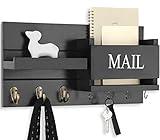 Lwenki Mail Organizer for Wall Mount – Key Holder with Shelf Includes Letter Holder and Hooks for Hallway Farmhouse Decor – Rustic Wood with Flush Mounting Hardware (16.5” x 9.1” x 3.4”) (Black)