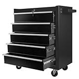 SumKea 5 Drawer Rolling Tool Chest, Rolling Tool Chest with Drawers, Rolling Tool Cabinet, with Key Locking and Parking Brake, Suitable for Garages, Warehouses, Workshops, Repair Shops, Black