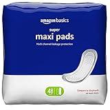 Amazon Basics Thick Maxi Pads for Periods, Super Absorbency, Unscented, 48 Count, 1 Pack (Previously Solimo)