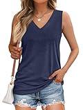 AUTOMET Tank Top Women 2024 Summer V Neck Sleeveless Casual Soft Loose Fitting Long Tops Basic Spring T Shirts Outfits Trendy Fashion Clothes Navy