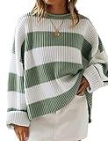 ZESICA Women's 2024 Fall Long Sleeve Crew Neck Striped Color Block Comfy Loose Oversized Knitted Pullover Sweater,Green,Large