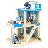 Wooden Police Station Playset Toy, Multicolor 3-Level Pretend Play Dollhouse Set with Figures, Car, Helicopter and Accessories, Preschool Learning Educational Toys for Toddlers Kids Age 3 and up