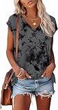 Plus Size Tops for Women 3XL Cap Sleeve Trendy Flower Summer T Shirts Print Grey Tie Dye 3XL