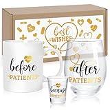 Before Patients After Patients Set Nurses Gifts 11 oz Coffee Mug 18 oz Stemless Wine Glass 2 oz Shot Glass for Doctors Hygienists Dentist Physician Graduation Birthday Valentines Day Gift Idea (Gold)