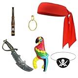 FUEAWIM 6 Pcs Pirate Accessories Include Pirate Hedband Parrot Sword Telescope Halloween Costume Priate Party Supplies