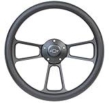 ForeverSharp 5-Bolt Black Steering Wheel 14 Inch Aluminum with Black Vinyl Wrap and Chevy Horn Button