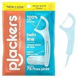 Plackers Twin-Line Dental Flossers, Cool Mint Flavor, Dual Action Flossing System, Easy Storage, Super Tuffloss, 2X The Clean, 75 Count