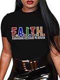 Faith Forwarding All Issues to Heaven Shirts Jesus Christian Rhinestone Bling Women Short Sleeve Graphic Tops Black 3XL