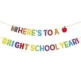 PTFNY Glitter Here's To A Bright School Year Banner Back to School Banner First Day of School Classroom Garland Banner with Drawing Pen Signs Back to School Party Decorations Supplies