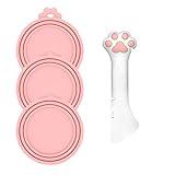 DORUI 3 Pcs Pet Food Can Lids & One Can Spoon | Cute Paw Shape Opener Spatula Cat Wet Food Spoon | Universal BPA Free Silicone Can Spoon & Covers for Dog Cat Cans(Pink)