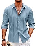 COOFANDY Mens Long Sleeve Cuban Guayabera Shirt Casual Summer Beach Button Down Shirts Blue