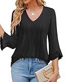 Bodhi talk Fashion Work Tops for Women Half Sleeve Textured Tops Loose Everyday Tunic Shirt V Neck Basic Blouses Formal Tops for Women Interview Shirts for Ladies Black, XXXL