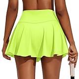 PINSPARK Pleated Tennis Skirts for Women High Waisted Athletic Golf Skorts Cute Running Skirt with Shorts Neon Green XS