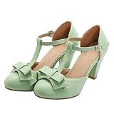 Elbslutt Women's Cute Retro Rockabilly Shoes T Strap Mary Janes Heels Chunky Cosplay Shoes Sweet Block Heeled Bow Pumps, Size 8.5, Green