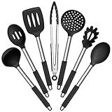 E-far Silicone Cooking Utensils Set, 7 Pcs Heat Resistant Kitchen Utensils with Stainless Steel Handle, Slotted Turner, Spoon, Soup Ladle, Pasta Server, Skimmer, Tongs for Nonstick Cookware, Black