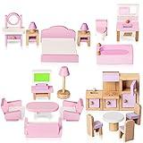 Wooden Dollhouse Furniture Set, 22 Pcs Miniature Dollhouse Accessories Including 5 Room Kits, Little People House Furniture, Doll House Furniture Toys Gift for Girls Boys Age 3+