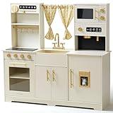 Tiny Land Play Kitchen for Kids, Toy Kitchen Set with Plenty of Play Features, New Modern Kids Wooden Play Kitchen Designed in Trendy Home Style with Curtains, Gift for Ages 3+