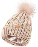 Winuesa Satin Lined Beanie for Women with Pom Pom, Fashionable Womens Winter Hats Silk Beanies, Cute Warm Knit Hat Skull Cap(Oatmeal)