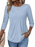 ATHMILE Fall Clothes For Women 2024 3/4 Sleeve T-Shirts Crewneck Cute Tunic Tops Basic Tees Blouses Loose Fit Pullover Blue