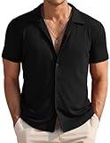 COOFANDY Mens Short Sleeve Knit Shirt Button Down Beach Shirt Summer Vacation Shirts Fashion Black