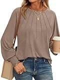 AUTOMET Womens Fall Fashion Long Sleeve Shirts Fall Tops Pleated Shirts Casual Loose Dressy Basic Trendy Clothes 2024 Khaki L