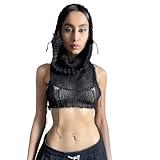 Caviotess Women Knitted Hoodie Sweater Vest Sexy Sleeveless Hollow Out Hooded Crop Top Streetwear Rave Oufit Black