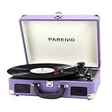 PAREIKO Vintage Turntable 3-Speed Bluetooth Record Player with Built-in Stereo Speakers Portable Suitcase Supports 3.5mm Headphone, AUX Input, and RCA Line-Out