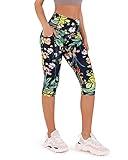 ODODOS Women's High Waisted Printed Yoga Capris with Pocket, Tummy Control Non See Through Workout Sports Running Athletic Capri Leggings, Tropical Flower, Medium