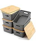 Storage Bins With Bamboo Lids Plastic Lidded Storage Container Storage Baskets for Organizing Shelves Drawers Desktop Closet Playroom Classroom Office, 6 Pack, Gray