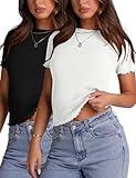 LOMON Short Sleeve Crop Tops for Women 2 Pack Summer Going Out Outfits Fitted Basic Tees Shirts One Black and One White Medium