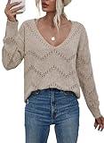 EVALESS Fall Sweaters for Women 2024 Knitted Tops Long Sleeve Khaki Sweaters Deep V Neck Blouses for Women Dressy Casual Crochet Sweaters Cozy Clothes Outfits Pullover Sweater Jumper Tops, Medium