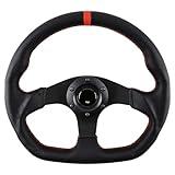 QYMOPAY 13 inch 6 hole Racing Steering Wheel 3 Aluminum Spoke with Horn Button, Red Stitched Leather Black Flat Bottom Steering Wheel (Red Stripe)