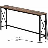 Rolanstar Console Table with Power Outlet, Narrow Sofa Table, 70.8" x 11.8" Farmhouse Table Behind Sofa Couch Hallway Entrance for Living Room, Entryway, Foyer, with Metal Frame, Rustic Brown