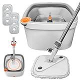 Tikaa Atok Spin Mop and Bucket Set with Self Separation Dirty and Clean Water System Self Wringing 360° Rotating Clean Mop-Head for Hardwood Tile Marble Floors (Mop Set with 6 Pads)-Grey