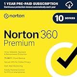 Norton 360 Premium 2024, Antivirus software for 10 Devices with Auto Renewal - Includes VPN, PC Cloud Backup & Dark Web Monitoring [Download]