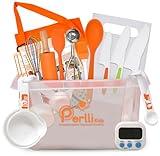 PERLLI Kids Real Cooking Set for Cooking and Baking – 31 Pc. Gift Set for Junior Chef with Real Utensils, Case & Safe Kids Knife Set for Boys & Girls – Fine Motor Skills & Fun for Kids Ages 6+, Orange