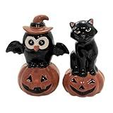 Fine Ceramic Thanksgiving Halloween Black Cat & Owl on Pumpkin Salt & Pepper Shakers Set, 3-3/4" H