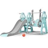 Rengue 4 in 1 Toddler Slide and Swing Set, Indoor Playground for Age 1-6 Kids Baby with Basketball Hoop, Climber Outdoor Slide Toddlers Playset for Boys and Girls Backyard Playground, Mint Green