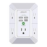 Wall Charger, Surge Protector, QINLIANF 5 Outlet Extender with 4 USB Charging Ports (4.8A Total) 3-Sided 1680J Power Strip Multi Plug Adapter Spaced for Home Travel Office (3U1C)