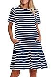 MITILLY Womens Striped Dresses Summer Casual Short Sleeve Flowy Beach T Shirt Dress with Pockets Medium Dark Blue