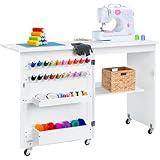 Best Choice Products Folding Sewing Table Multipurpose Craft Station & Side Desk with Compact Design, Wheels, Shelves, Storage Trays, Pegs, Magnetic Doors, Metal Doorknobs - White