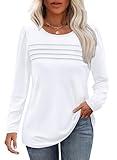 White Long Sleeve Shirts for Women Dressy Casual Blouses Fall Outfits Pleated Front Tunic Tops for Leggings L