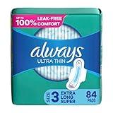 Always Ultra Thin Feminine Pads For Women, Size 3 Extra Heavy Long Absorbency, Multipack, With Wings, Unscented, 28 Count x 3 Packs (84 Count total)