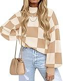 ZESICA Women's 2024 Fall Fashion Turtleneck Long Sleeve Striped Ribbed Knit Loose Pullover Sweater Tops,KhakiPlaid,Large