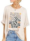 MK Shop Limited Womens Tops Oversized Flower Graphic Print Short Sleeve Tunic Tops Summer Dressy Casual Oversized Workout T-Shirt Round Neck Basic Tops Loose Fit Beige Large