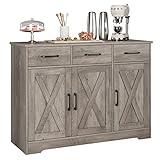 HOSTACK Modern Farmhouse Buffet Sideboard Cabinet, Barn Doors Storage Cabinet with Drawers and Shelves, Wood Coffee Bar Cabinet with Storage for Dining Room, Kitchen, Living Room, Ash Grey