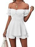 LYANER Women's Off the Shoulder Wrap Tie Up Back Ruffle Short Sleeve Romper Short Jumpsuit White XX-Large