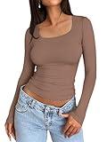 Trendy Queen Womens Long Sleeve Shirts Crop Tops Basic Double Layering Tight Slim Fit Y2K T Shirts Winter Clothes 2024 CoffeeGrey S